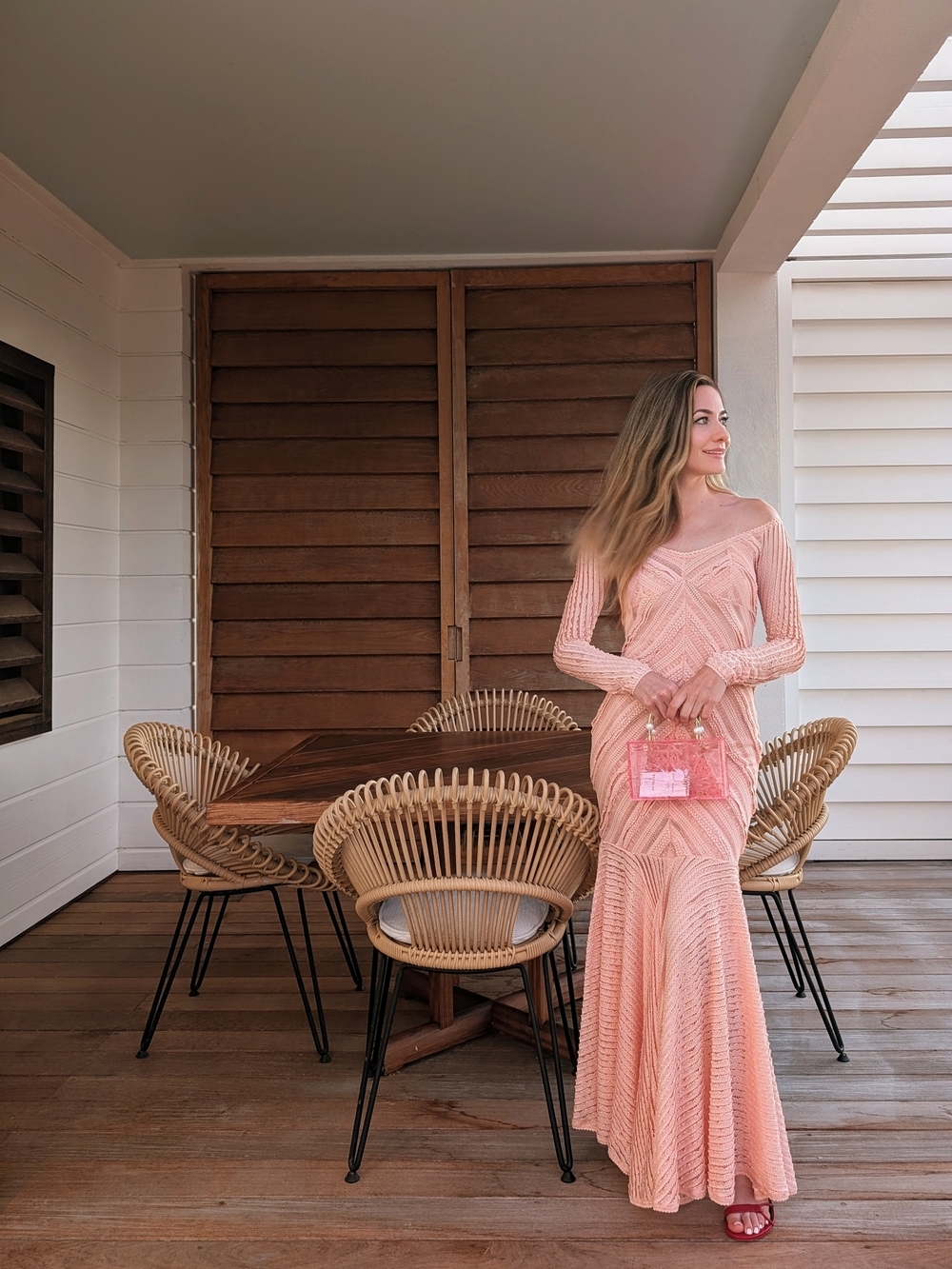 Charo Ruiz Peach Long-Sleeve Chevron Maxi Dress